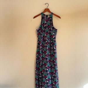 Miami Womens Blue Floral High Neck Sheer Side Slit Lined Maxi Long Dress Size S